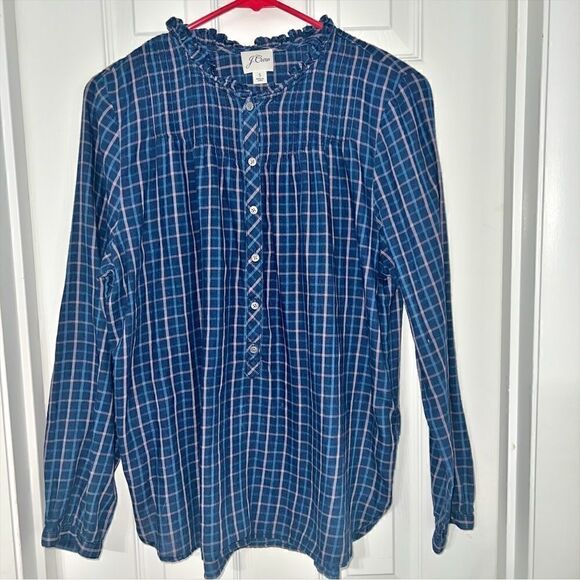 J. Crew Navy plaid 100%Cotton Popover Smocked w Ruffle neckline blouse-EUC SZ Sm - Picture 1 of 11